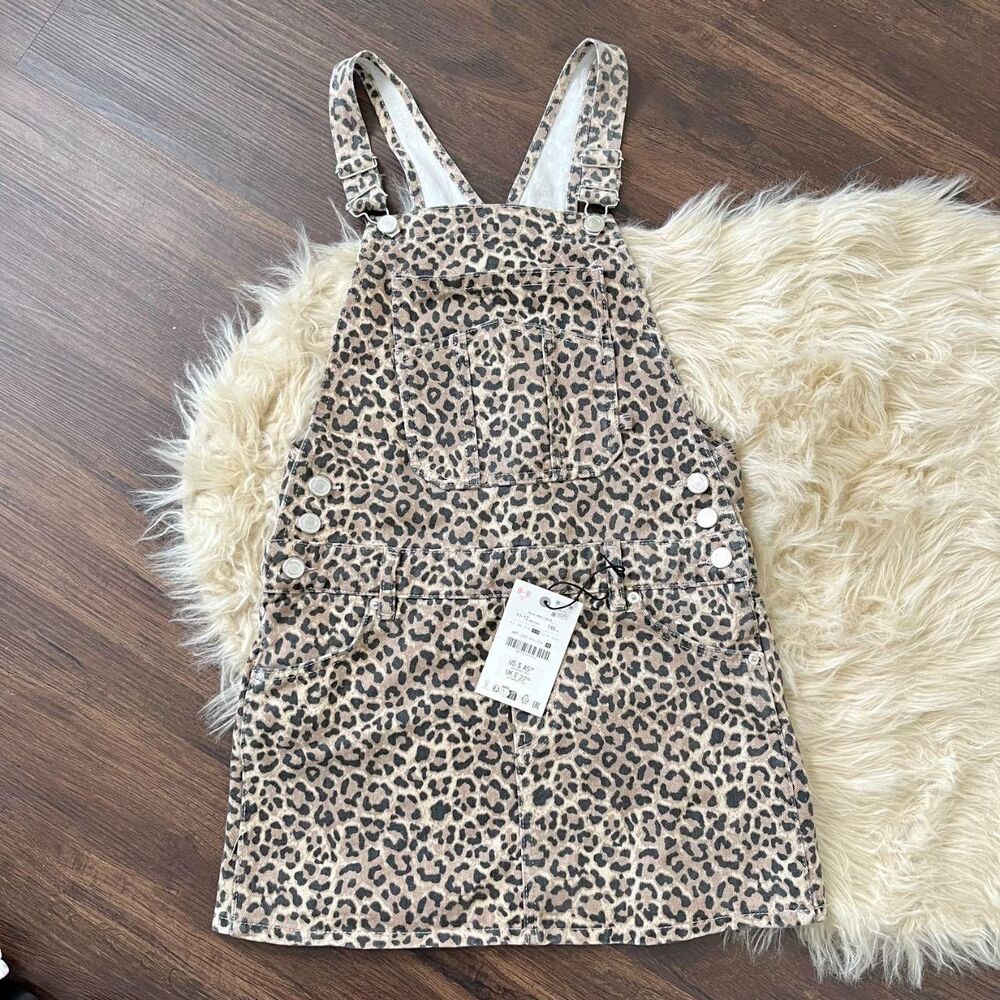 NWT Zara Animal Print Pinafore animal Print Bib Denim Dress Size 11 - 12 Y